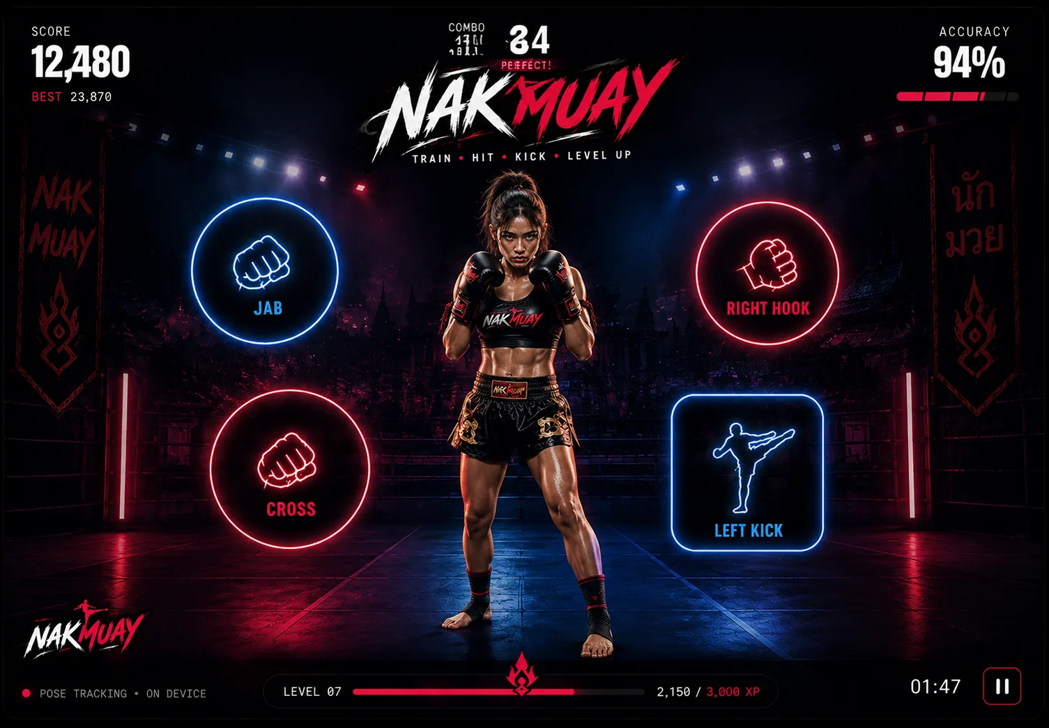 A Nakmuay round: neon strike targets around a fighter